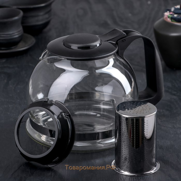 Чайник стеклянный заварочный «Иллюзия», 1,6 л, с металлическим ситом, цвет чёрный