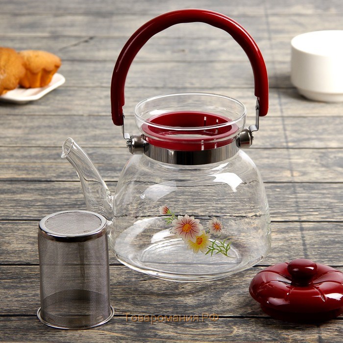 Чайник стеклянный заварочный с металлическим ситом «Цветочная фантазия», 1,4 л