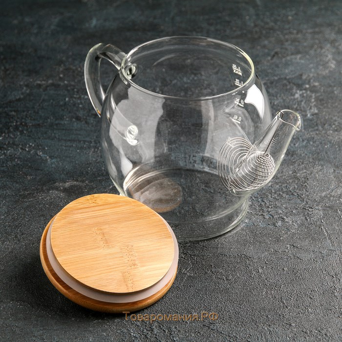 Чайник стеклянный заварочный с бамбуковой крышкой и металлическим фильтром «Эко. Бабл», 1,5 л, 26,5×14×16,5 см