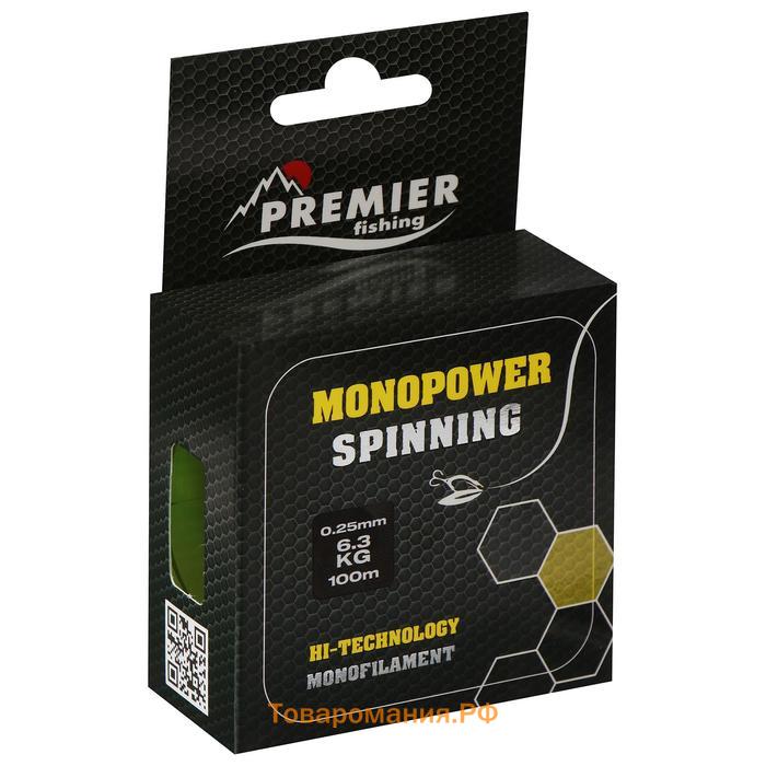 Леска Preмier fishing MONOPOWER Spinning, диаметр 0.25 мм, тест 6.3 кг, 100 м, флуоресцентная желтая