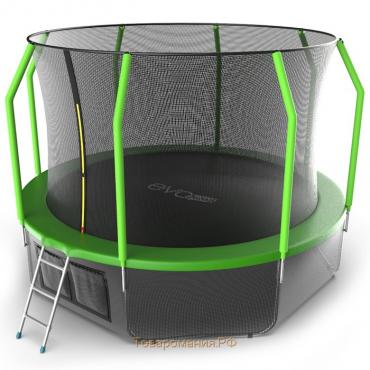 Батут EVO JUMP Cosmo 12 ft, d=366 см, с внутренней защитной сеткой и лестницей + нижняя сеть, зелёный