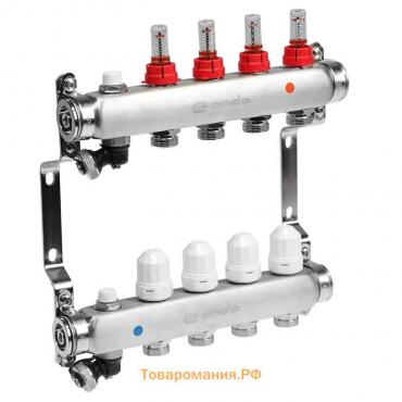 Коллекторная группа ONDO, 1"х3/4", 4 выхода, с расходомерами, нержавеющая сталь