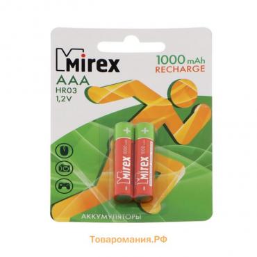 Аккумулятор Mirex, Ni-Mh, AAA, HR03-2BL, 1.2В, 1000 мАч, блистер, 2 шт.